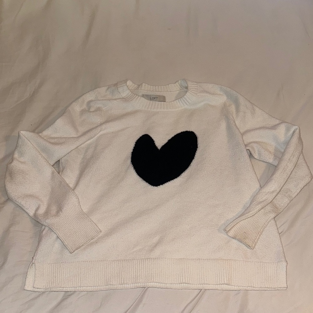 LOFT Black and White Heart Crew Neck Sweater